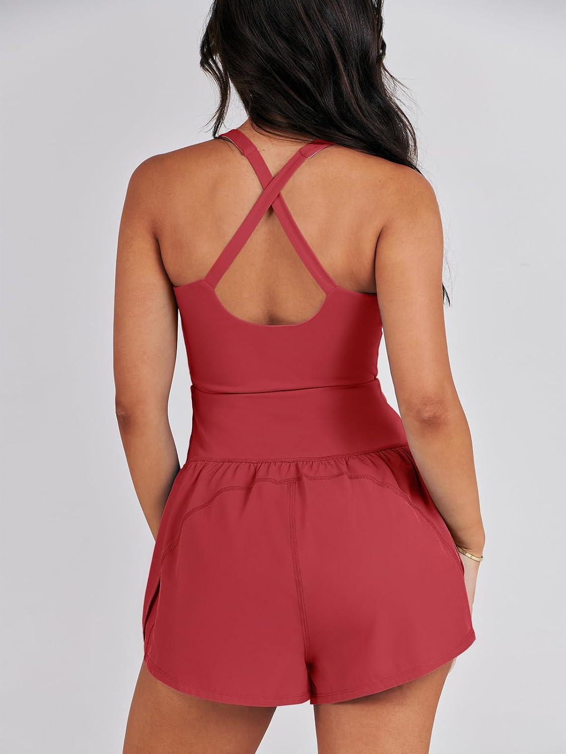 imageCaracilia Womens Workout Athletic Romper Summer Sets Short Jumpsuits Onesie Running Outfits Exercise Gym 2025 Trendy ClothesRed