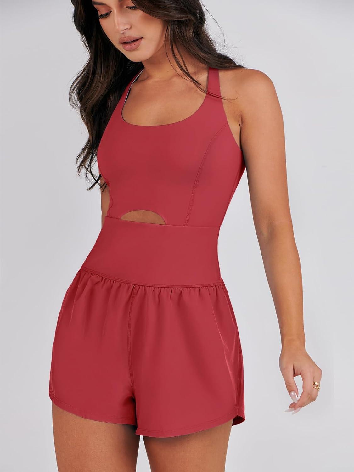 imageCaracilia Womens Workout Athletic Romper Summer Sets Short Jumpsuits Onesie Running Outfits Exercise Gym 2025 Trendy ClothesRed