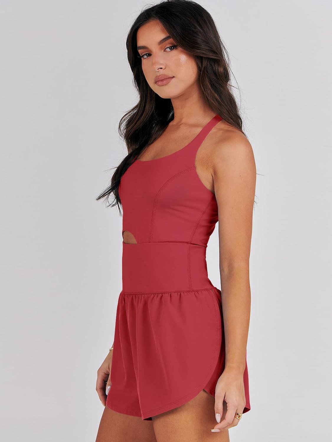 imageCaracilia Womens Workout Athletic Romper Summer Sets Short Jumpsuits Onesie Running Outfits Exercise Gym 2025 Trendy ClothesRed