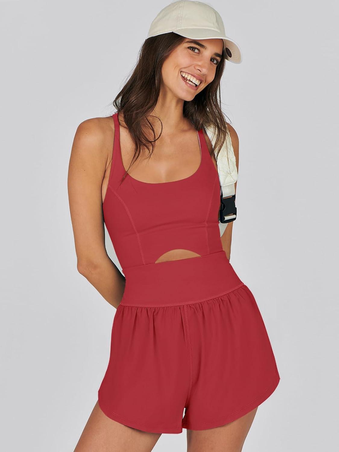 imageCaracilia Womens Workout Athletic Romper Summer Sets Short Jumpsuits Onesie Running Outfits Exercise Gym 2025 Trendy ClothesRed