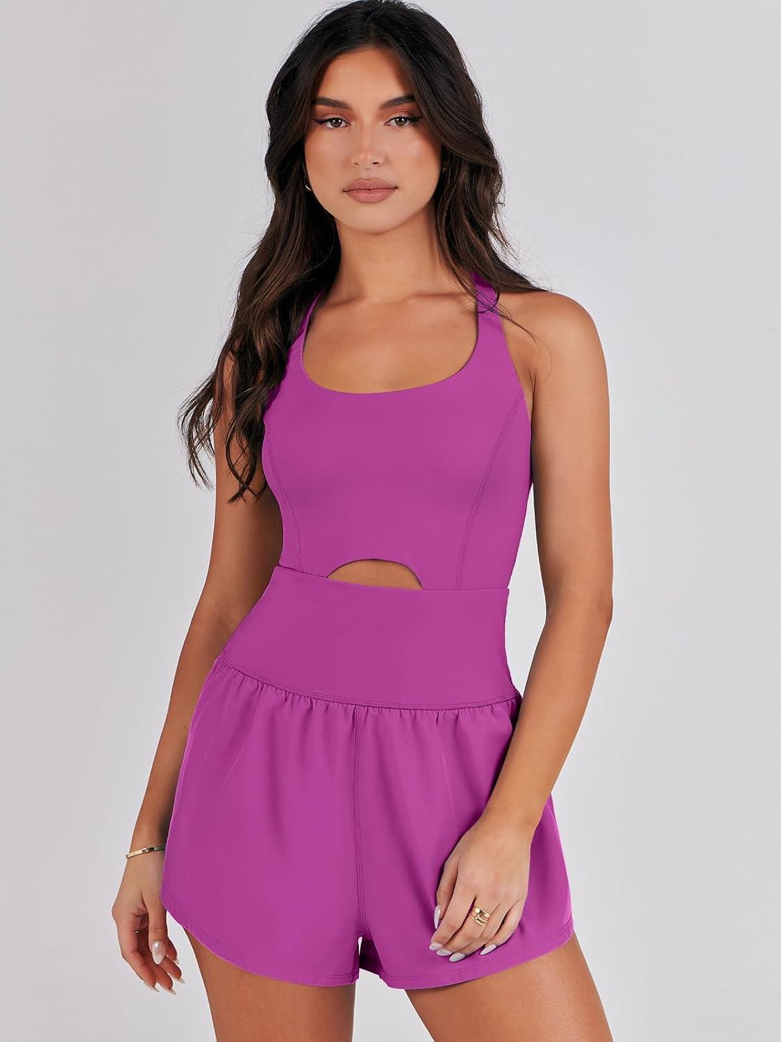 imageCaracilia Womens Workout Athletic Romper Summer Sets Short Jumpsuits Onesie Running Outfits Exercise Gym 2025 Trendy ClothesRose