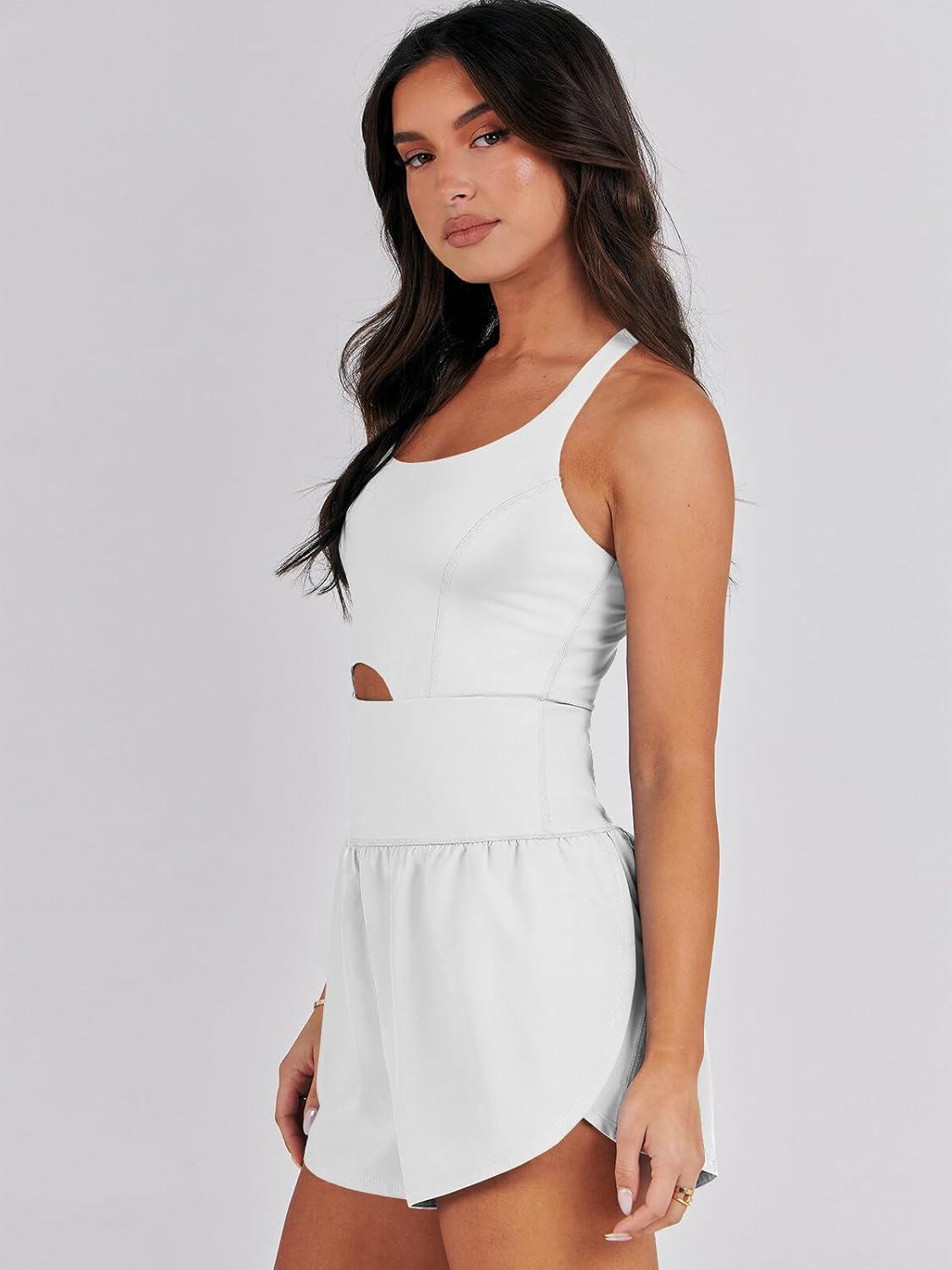 imageCaracilia Womens Workout Athletic Romper Summer Sets Short Jumpsuits Onesie Running Outfits Exercise Gym 2025 Trendy ClothesWhite