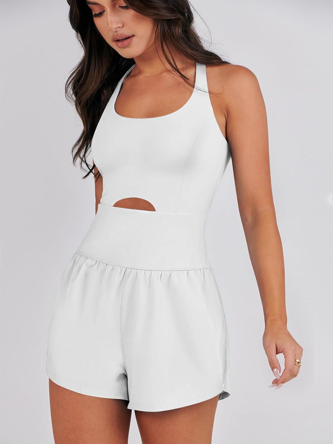 imageCaracilia Womens Workout Athletic Romper Summer Sets Short Jumpsuits Onesie Running Outfits Exercise Gym 2025 Trendy ClothesWhite
