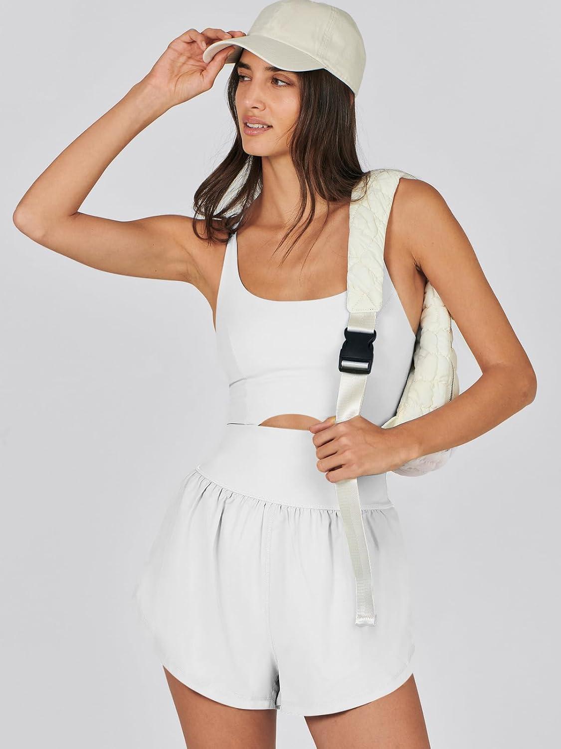 imageCaracilia Womens Workout Athletic Romper Summer Sets Short Jumpsuits Onesie Running Outfits Exercise Gym 2025 Trendy ClothesWhite