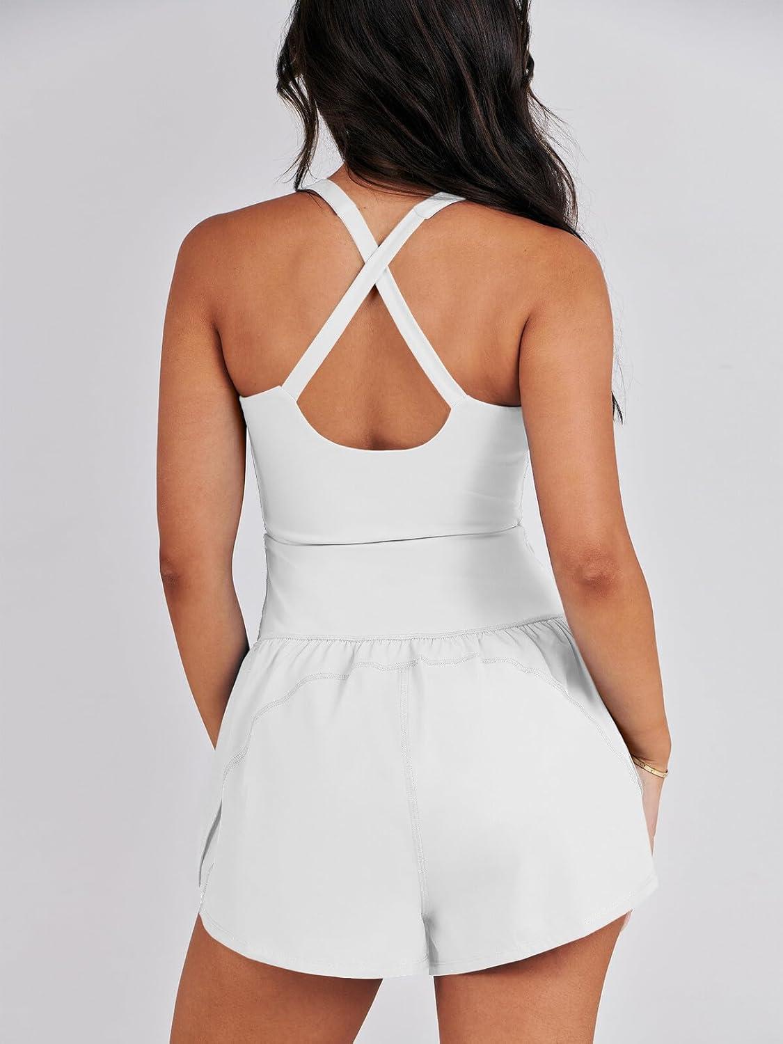 imageCaracilia Womens Workout Athletic Romper Summer Sets Short Jumpsuits Onesie Running Outfits Exercise Gym 2025 Trendy ClothesWhite