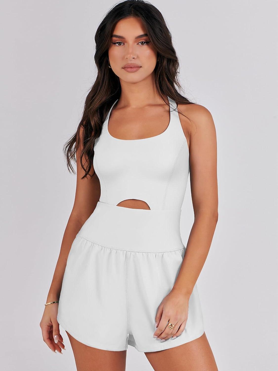 imageCaracilia Womens Workout Athletic Romper Summer Sets Short Jumpsuits Onesie Running Outfits Exercise Gym 2025 Trendy ClothesWhite