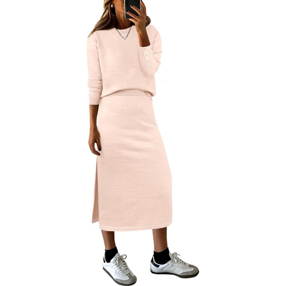 imageANRABESS 2 Piece Skirts Sets For Women Fall Fashion 2025 Striped Sweater Midi Dress Knit Lounge Travel Outfits Winter ClothesBeige