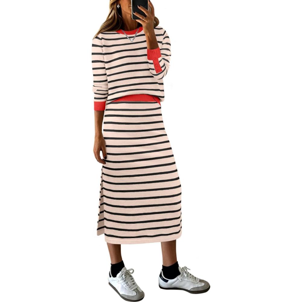 imageANRABESS 2 Piece Skirts Sets For Women Fall Fashion 2025 Striped Sweater Midi Dress Knit Lounge Travel Outfits Winter ClothesBeige Black Red