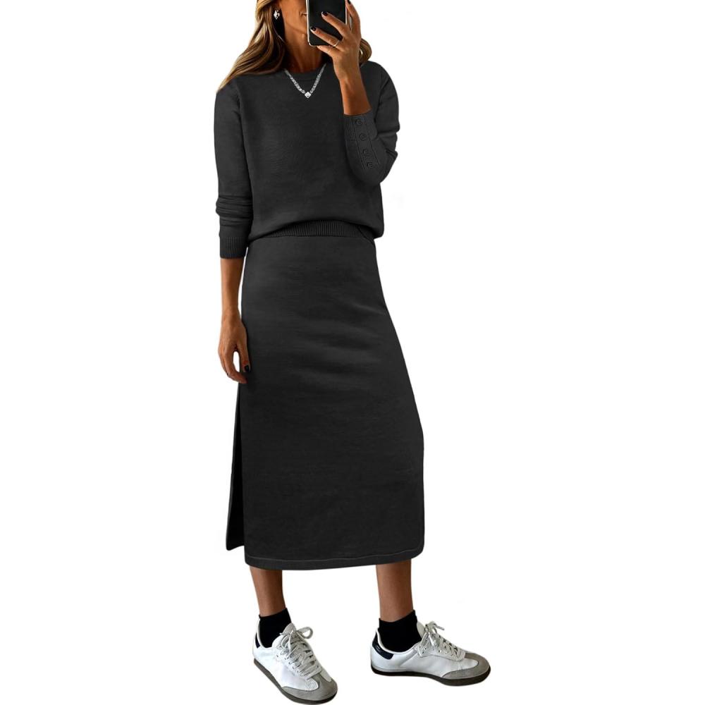 imageANRABESS 2 Piece Skirts Sets For Women Fall Fashion 2025 Striped Sweater Midi Dress Knit Lounge Travel Outfits Winter ClothesBlack