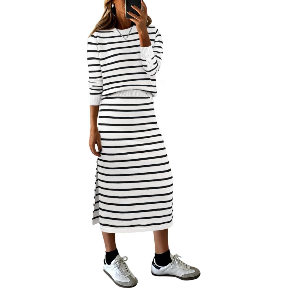 imageANRABESS 2 Piece Skirts Sets For Women Fall Fashion 2025 Striped Sweater Midi Dress Knit Lounge Travel Outfits Winter ClothesBlack White