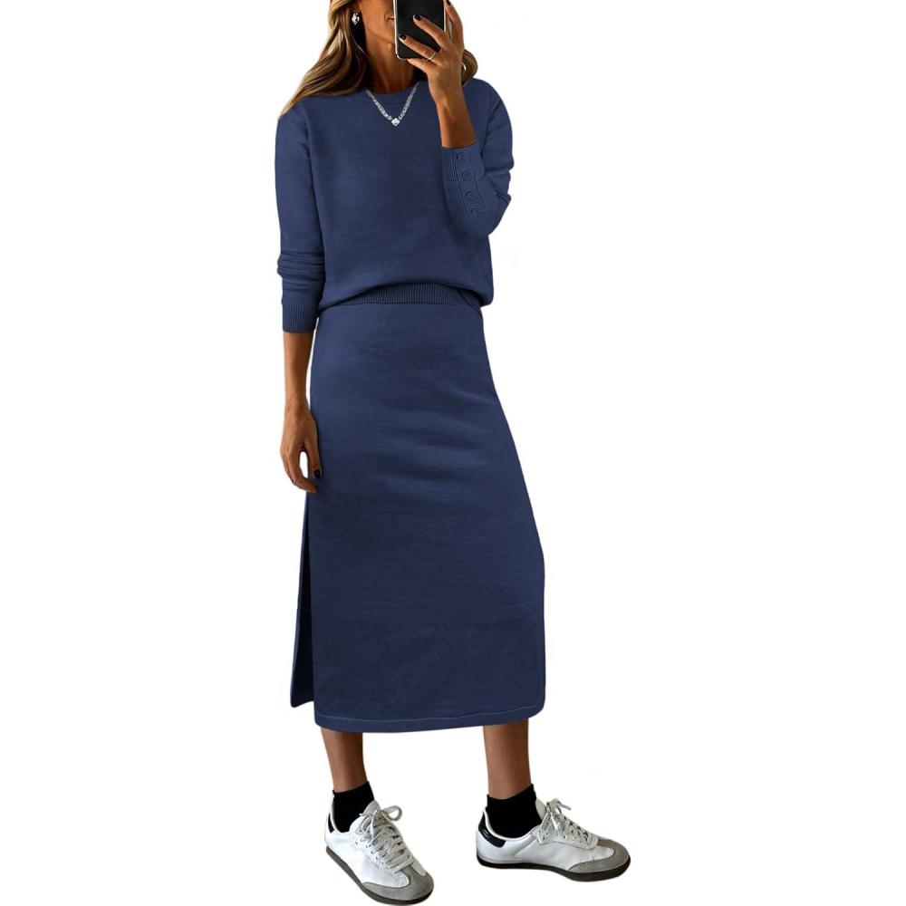 imageANRABESS 2 Piece Skirts Sets For Women Fall Fashion 2025 Striped Sweater Midi Dress Knit Lounge Travel Outfits Winter ClothesBlue