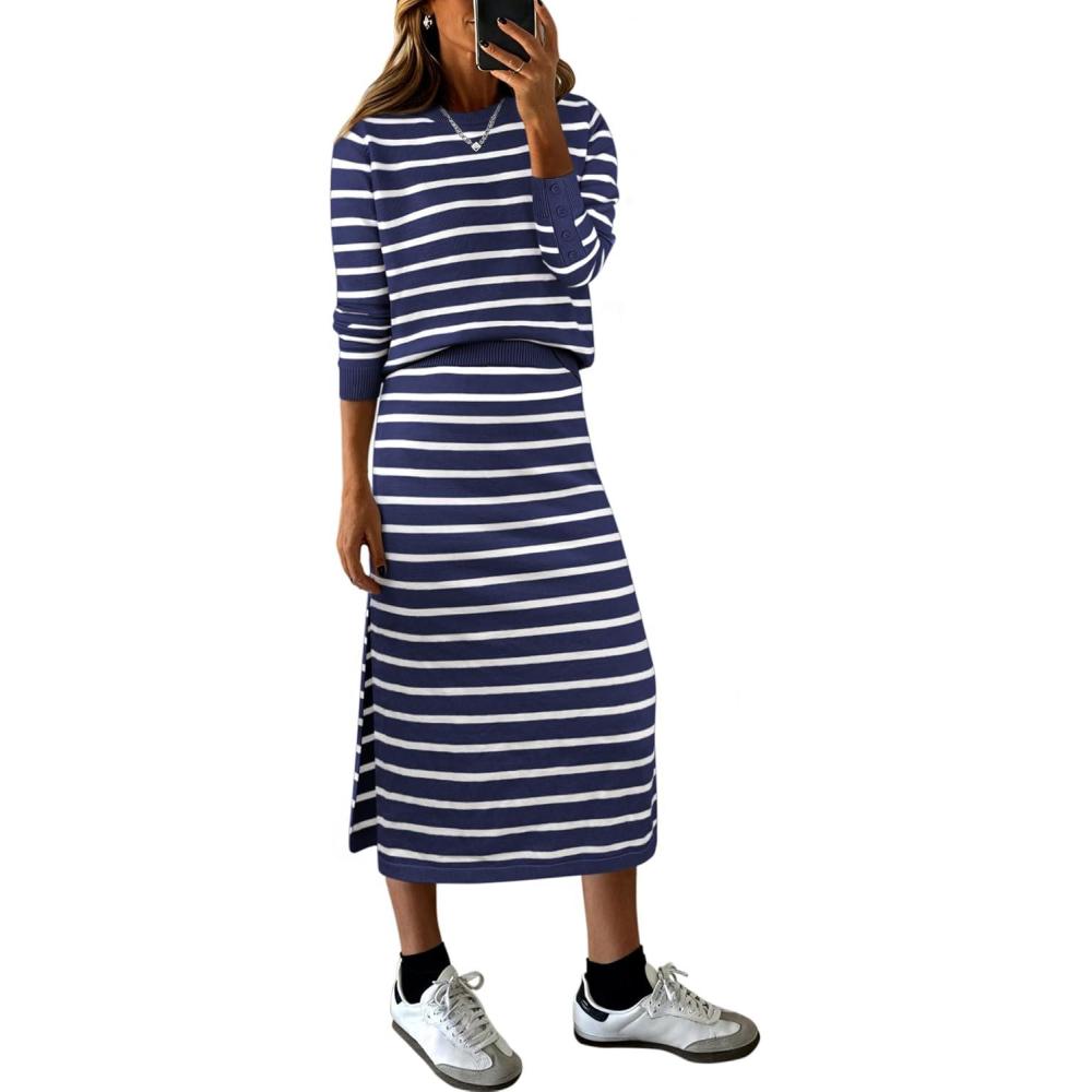 imageANRABESS 2 Piece Skirts Sets For Women Fall Fashion 2025 Striped Sweater Midi Dress Knit Lounge Travel Outfits Winter ClothesBlue White