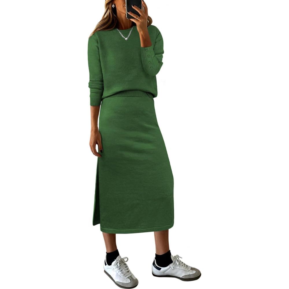 imageANRABESS 2 Piece Skirts Sets For Women Fall Fashion 2025 Striped Sweater Midi Dress Knit Lounge Travel Outfits Winter ClothesGreen
