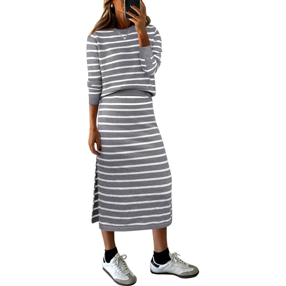 imageANRABESS 2 Piece Skirts Sets For Women Fall Fashion 2025 Striped Sweater Midi Dress Knit Lounge Travel Outfits Winter ClothesGrey White