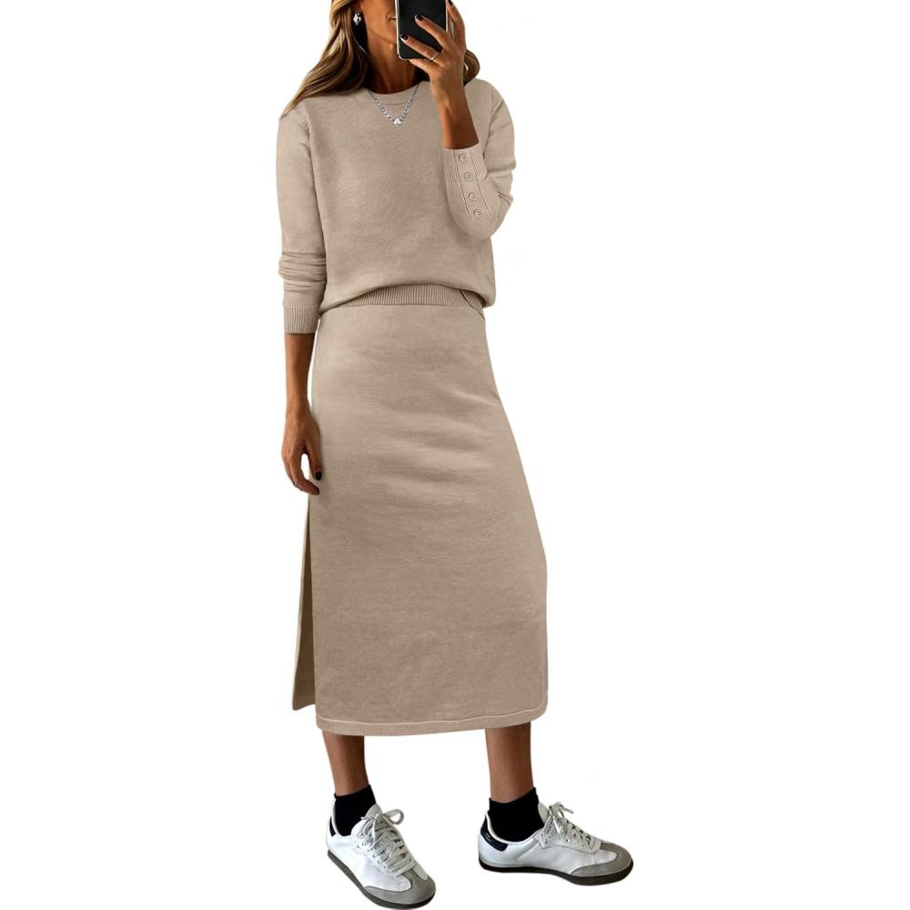 imageANRABESS 2 Piece Skirts Sets For Women Fall Fashion 2025 Striped Sweater Midi Dress Knit Lounge Travel Outfits Winter ClothesKhaki