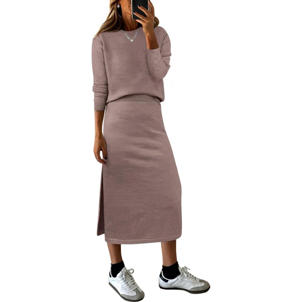 imageANRABESS 2 Piece Skirts Sets For Women Fall Fashion 2025 Striped Sweater Midi Dress Knit Lounge Travel Outfits Winter ClothesNutmeg