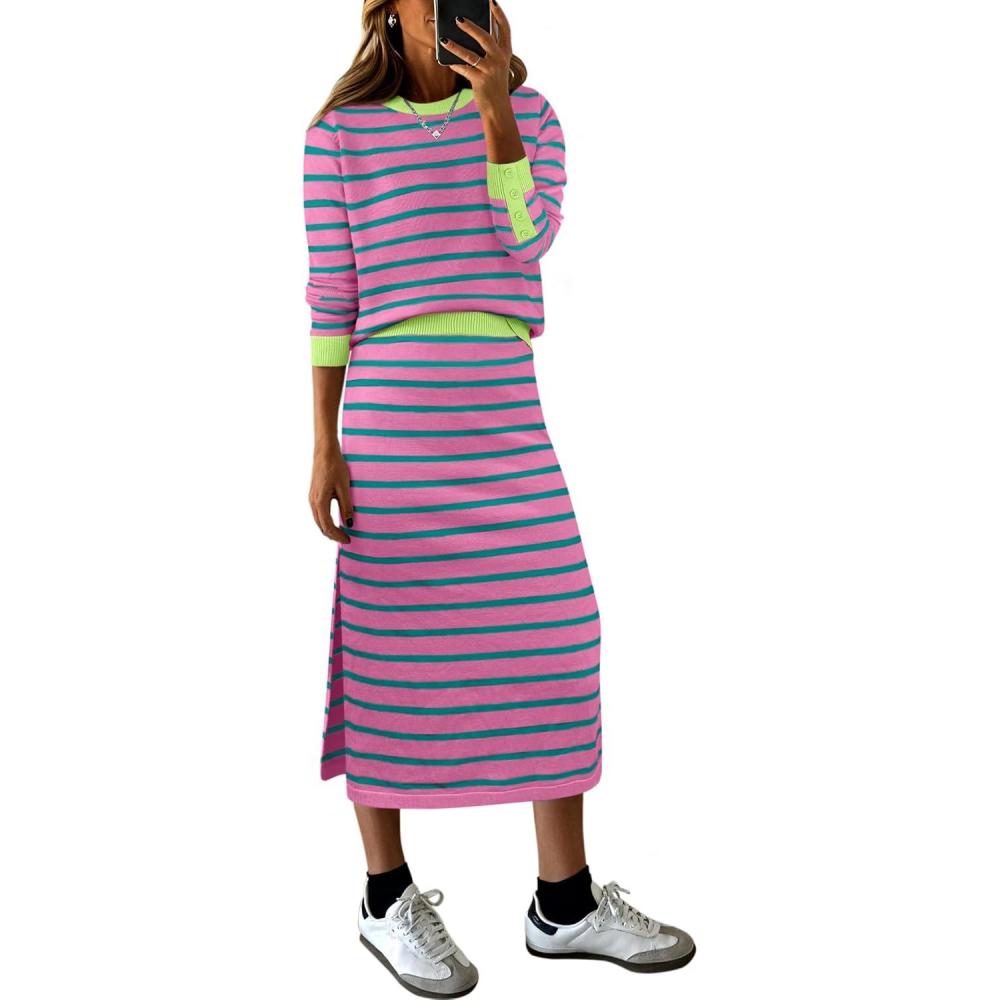imageANRABESS 2 Piece Skirts Sets For Women Fall Fashion 2025 Striped Sweater Midi Dress Knit Lounge Travel Outfits Winter ClothesPink Green