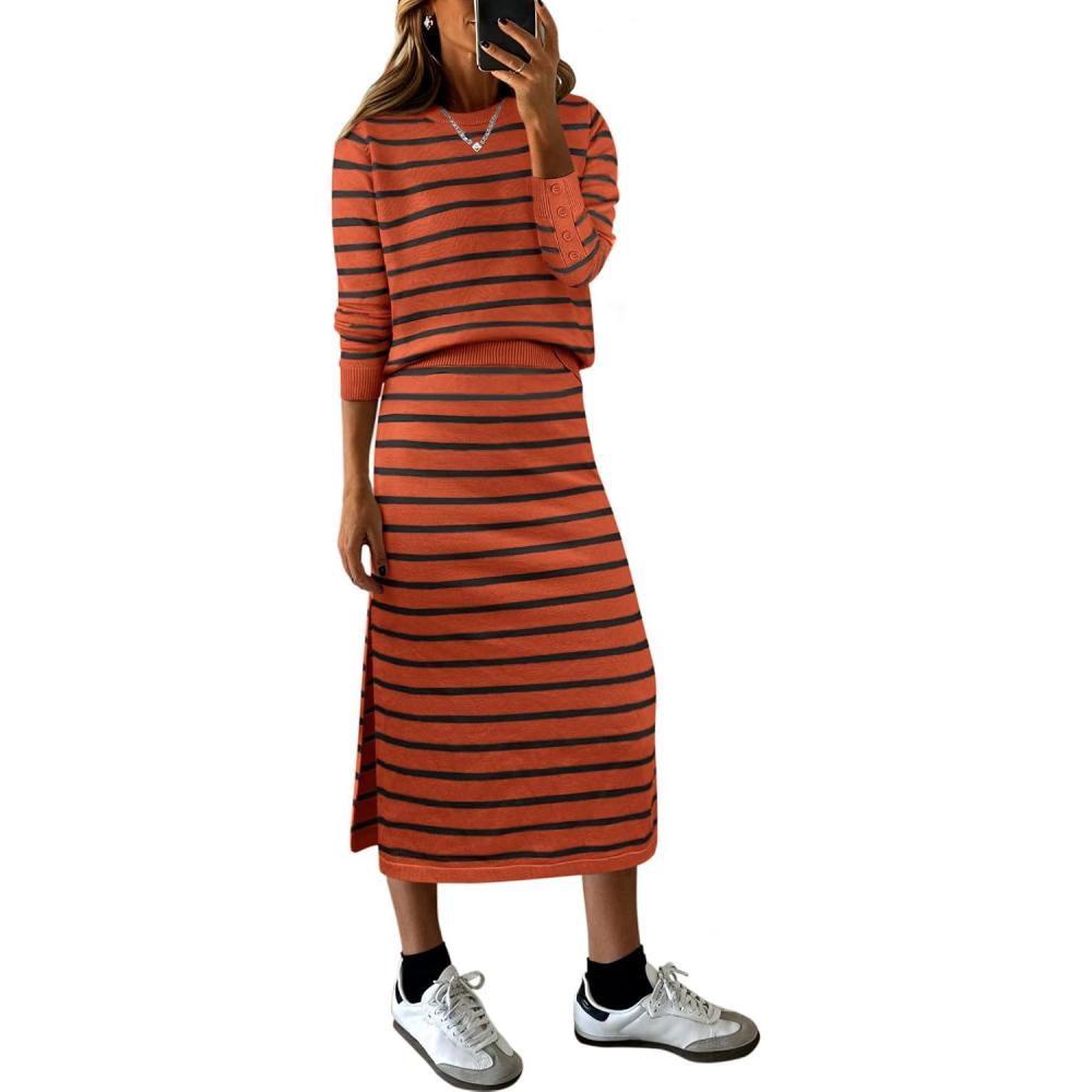 imageANRABESS 2 Piece Skirts Sets For Women Fall Fashion 2025 Striped Sweater Midi Dress Knit Lounge Travel Outfits Winter ClothesRust Red Black