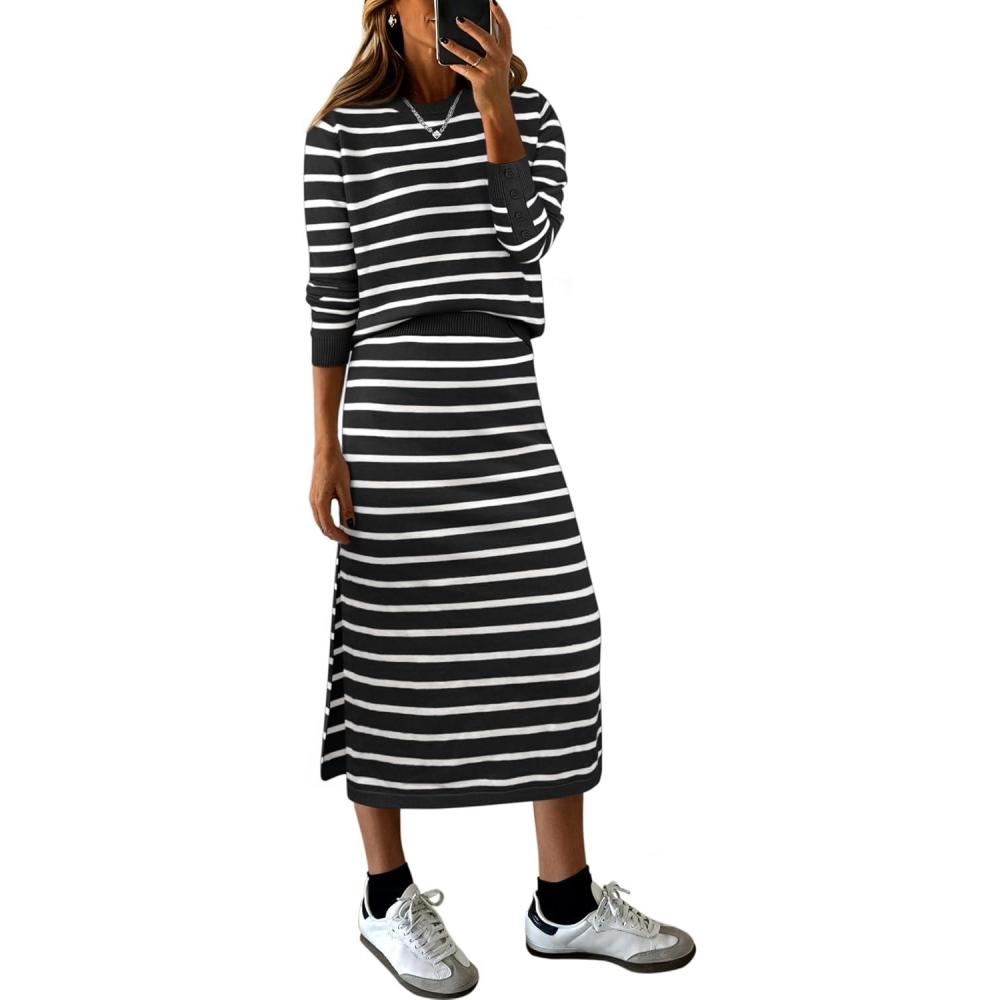imageANRABESS 2 Piece Skirts Sets For Women Fall Fashion 2025 Striped Sweater Midi Dress Knit Lounge Travel Outfits Winter ClothesWhite Black