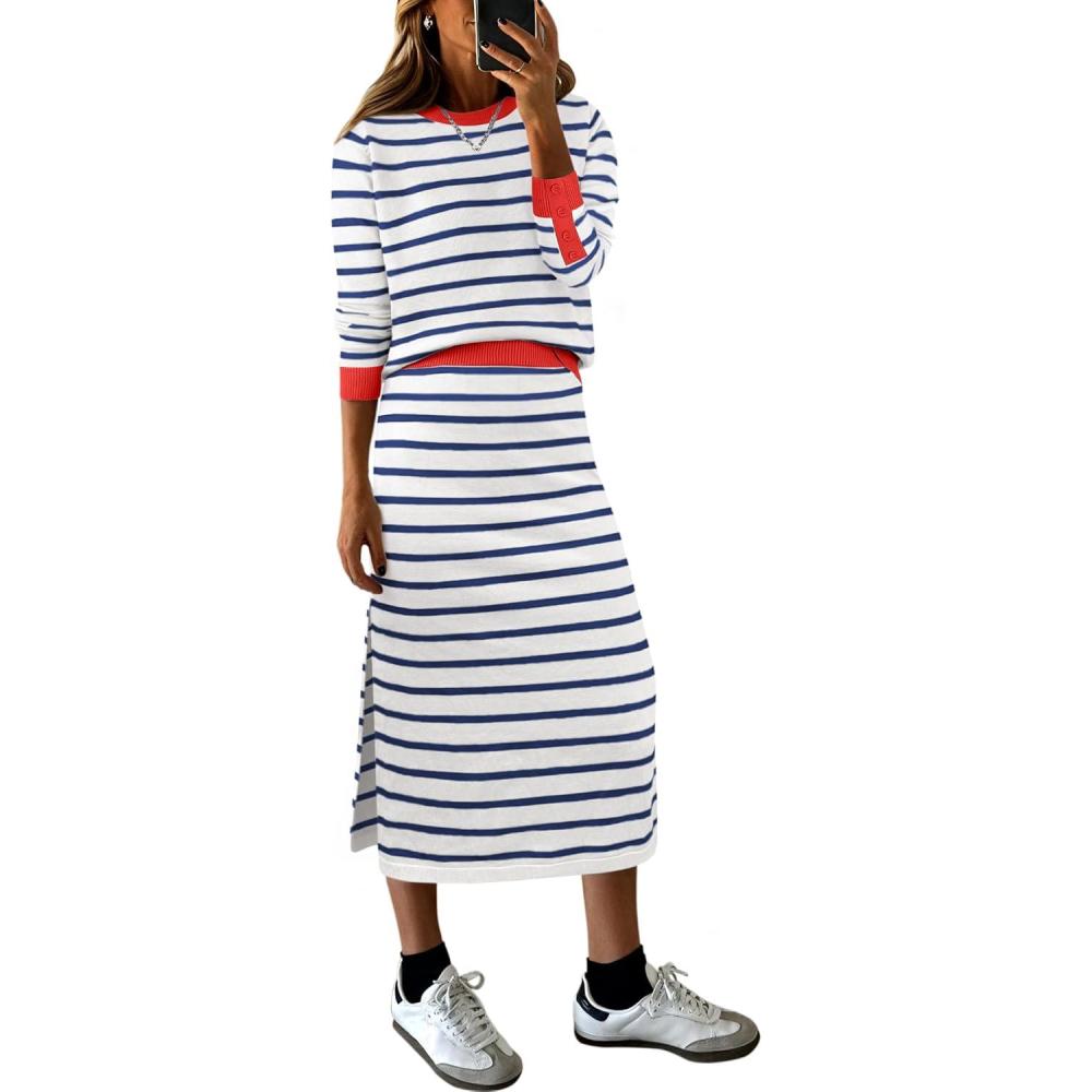 imageANRABESS 2 Piece Skirts Sets For Women Fall Fashion 2025 Striped Sweater Midi Dress Knit Lounge Travel Outfits Winter ClothesWhite Blue Red