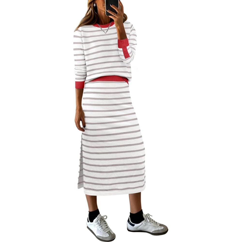 imageANRABESS 2 Piece Skirts Sets For Women Fall Fashion 2025 Striped Sweater Midi Dress Knit Lounge Travel Outfits Winter ClothesWhite Grey Red