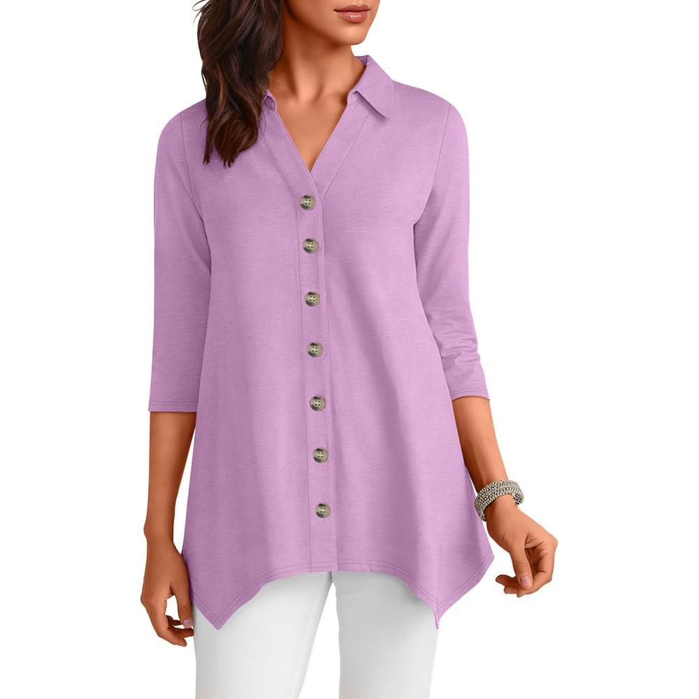 imageANRABESS 34 Sleeve Tunic Tops for Women Lapel V Neck Button Down Shirts Business Dressy Casual Blouse with Asymmetrical HemPurple