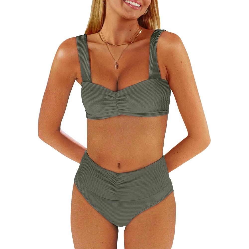 imageANRABESS Bathing Suit for Women Tummy Control Bikini Set 2025 Beach Front Ruched Mid Waist Swimsuit with Adjustable StrapsArmy Green