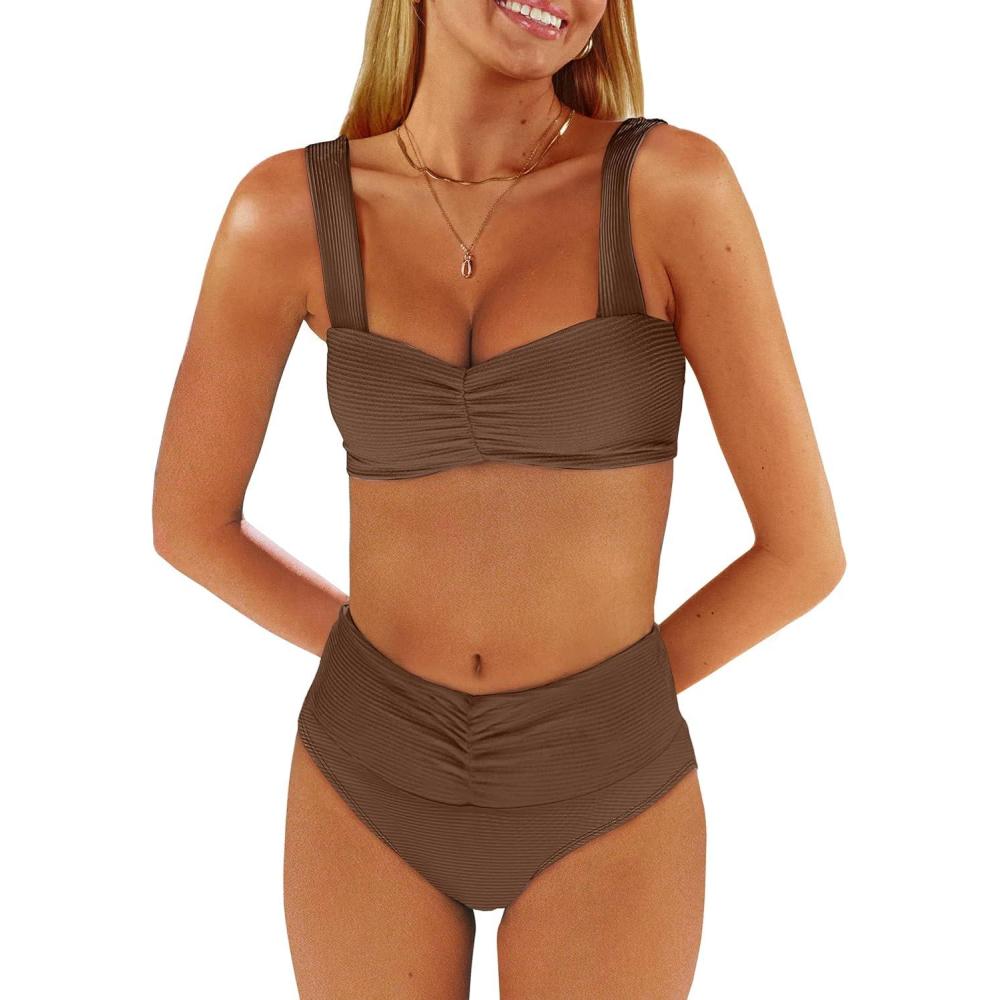 imageANRABESS Bathing Suit for Women Tummy Control Bikini Set 2025 Beach Front Ruched Mid Waist Swimsuit with Adjustable StrapsBrown