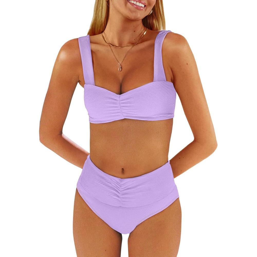 imageANRABESS Bathing Suit for Women Tummy Control Bikini Set 2025 Beach Front Ruched Mid Waist Swimsuit with Adjustable StrapsLight Purple