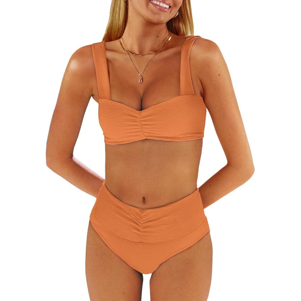 imageANRABESS Bathing Suit for Women Tummy Control Bikini Set 2025 Beach Front Ruched Mid Waist Swimsuit with Adjustable StrapsOrange
