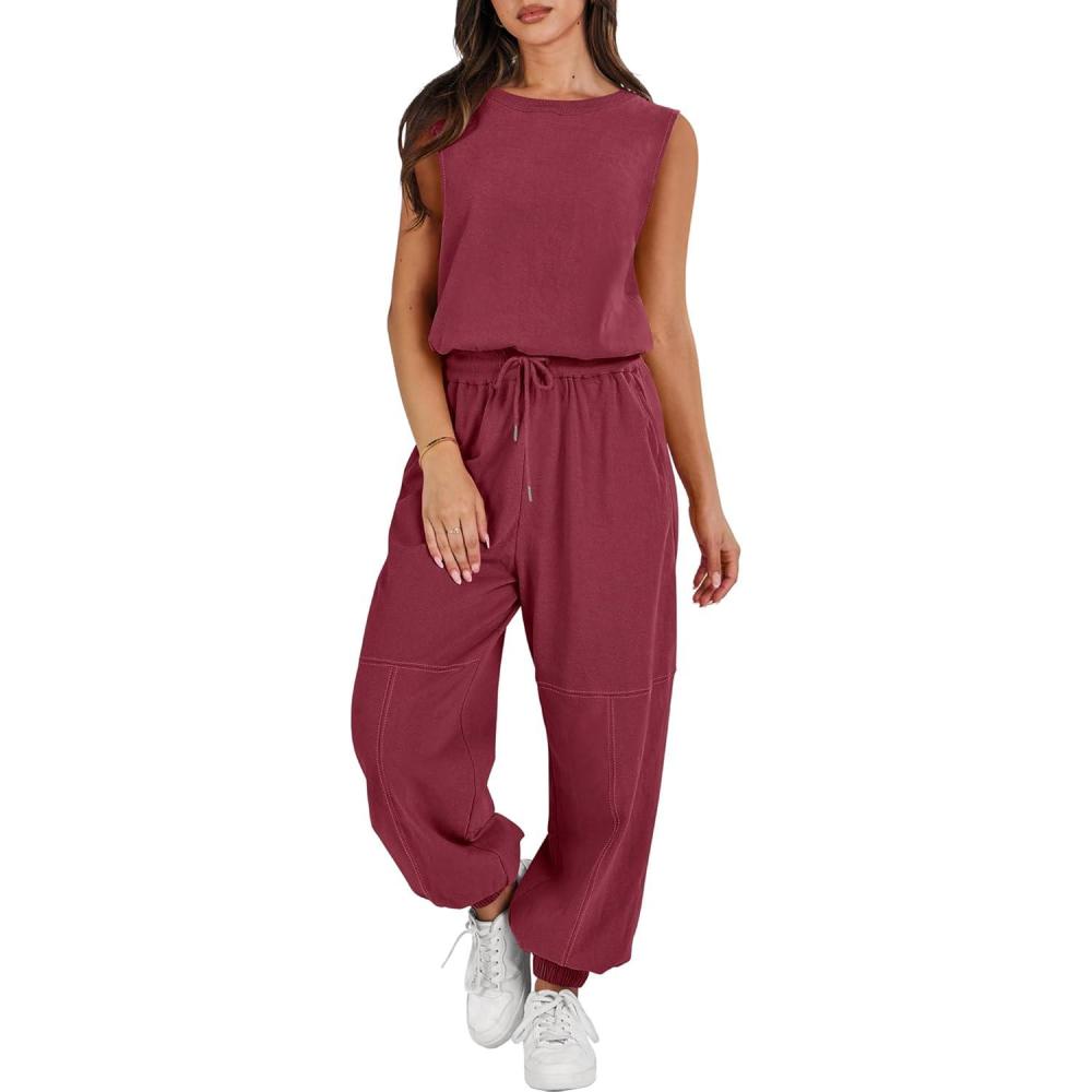 imageANRABESS Jumpsuits for Women Casual Summer Sleeveless 2025 Romper One Piece Outfit Active Workout Lounge Jumpsuits PocketsBurgundy