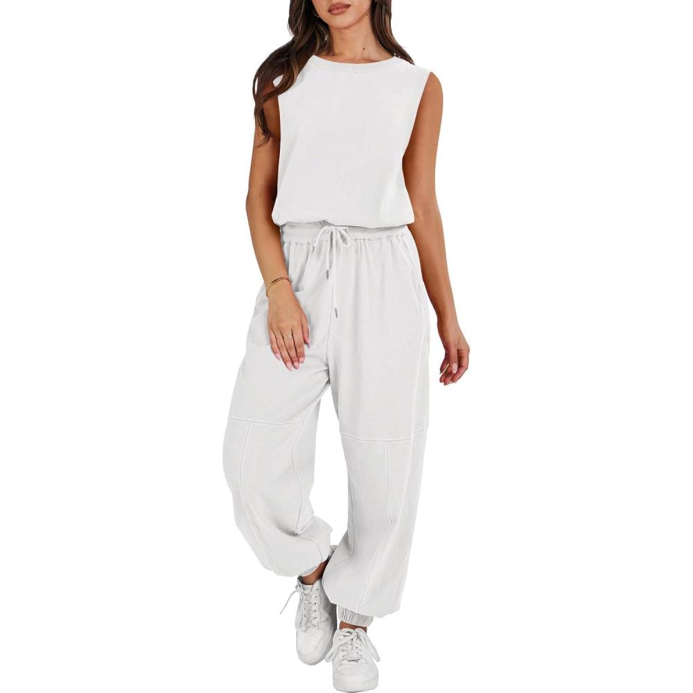 imageANRABESS Jumpsuits for Women Casual Summer Sleeveless 2025 Romper One Piece Outfit Active Workout Lounge Jumpsuits PocketsWhite