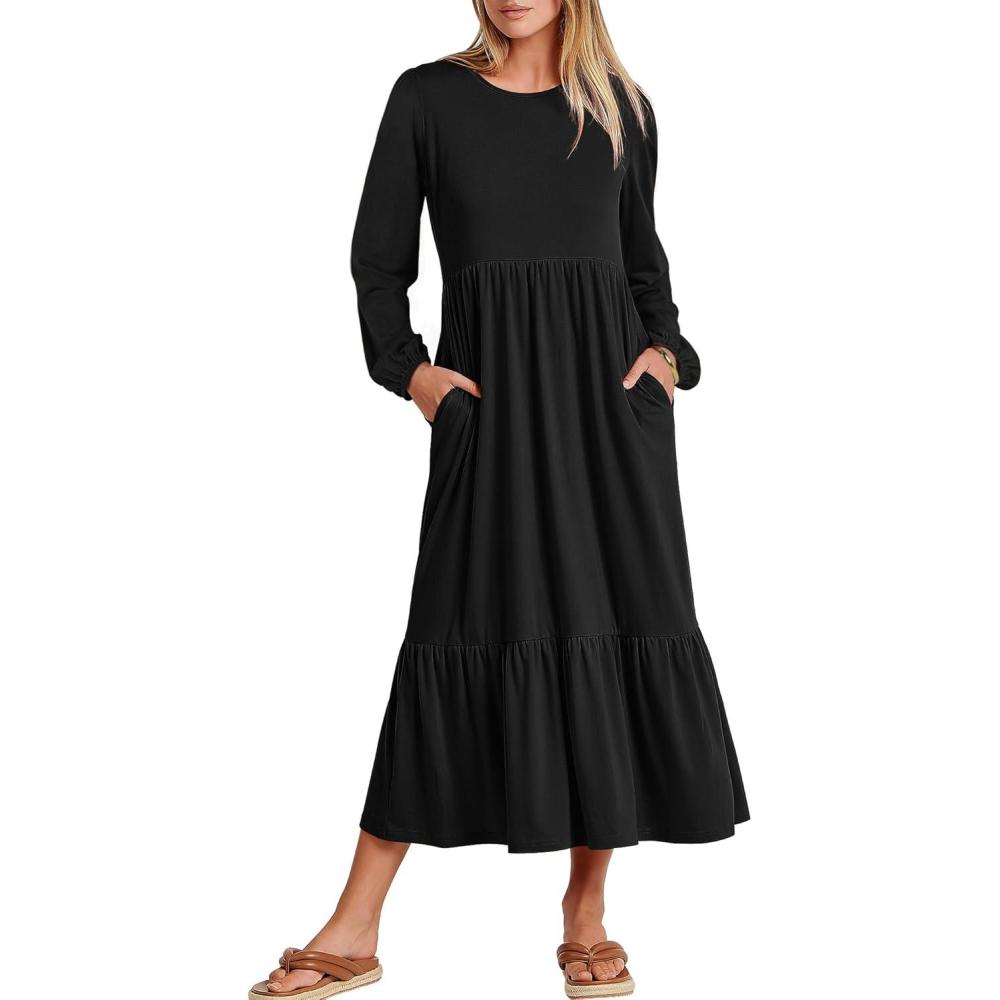 imageANRABESS Long Sleeve Midi Dresses for Women Casual 2025 Fall Crewneck A Line Tiered Flowy Loose Trendy Dresses with PocketsBlack