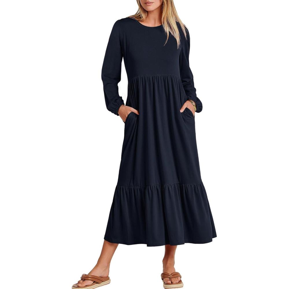 imageANRABESS Long Sleeve Midi Dresses for Women Casual 2025 Fall Crewneck A Line Tiered Flowy Loose Trendy Dresses with PocketsDark Navy Blue