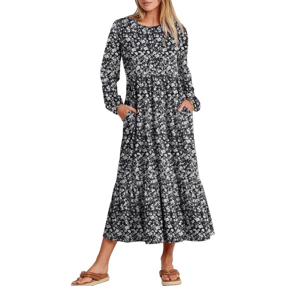 imageANRABESS Long Sleeve Midi Dresses for Women Casual 2025 Fall Crewneck A Line Tiered Flowy Loose Trendy Dresses with PocketsFloral Black