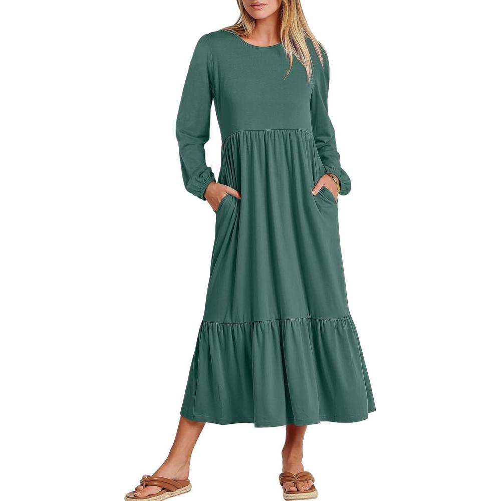 imageANRABESS Long Sleeve Midi Dresses for Women Casual 2025 Fall Crewneck A Line Tiered Flowy Loose Trendy Dresses with PocketsGrass Green