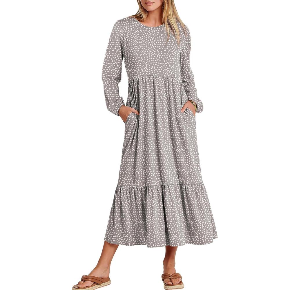 imageANRABESS Long Sleeve Midi Dresses for Women Casual 2025 Fall Crewneck A Line Tiered Flowy Loose Trendy Dresses with PocketsGray With White Polka Dot