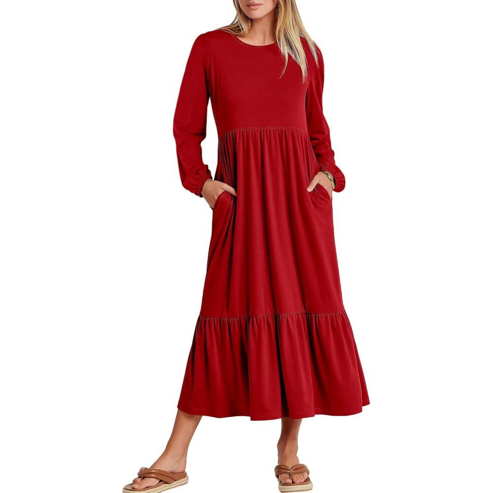 imageANRABESS Long Sleeve Midi Dresses for Women Casual 2025 Fall Crewneck A Line Tiered Flowy Loose Trendy Dresses with PocketsRed