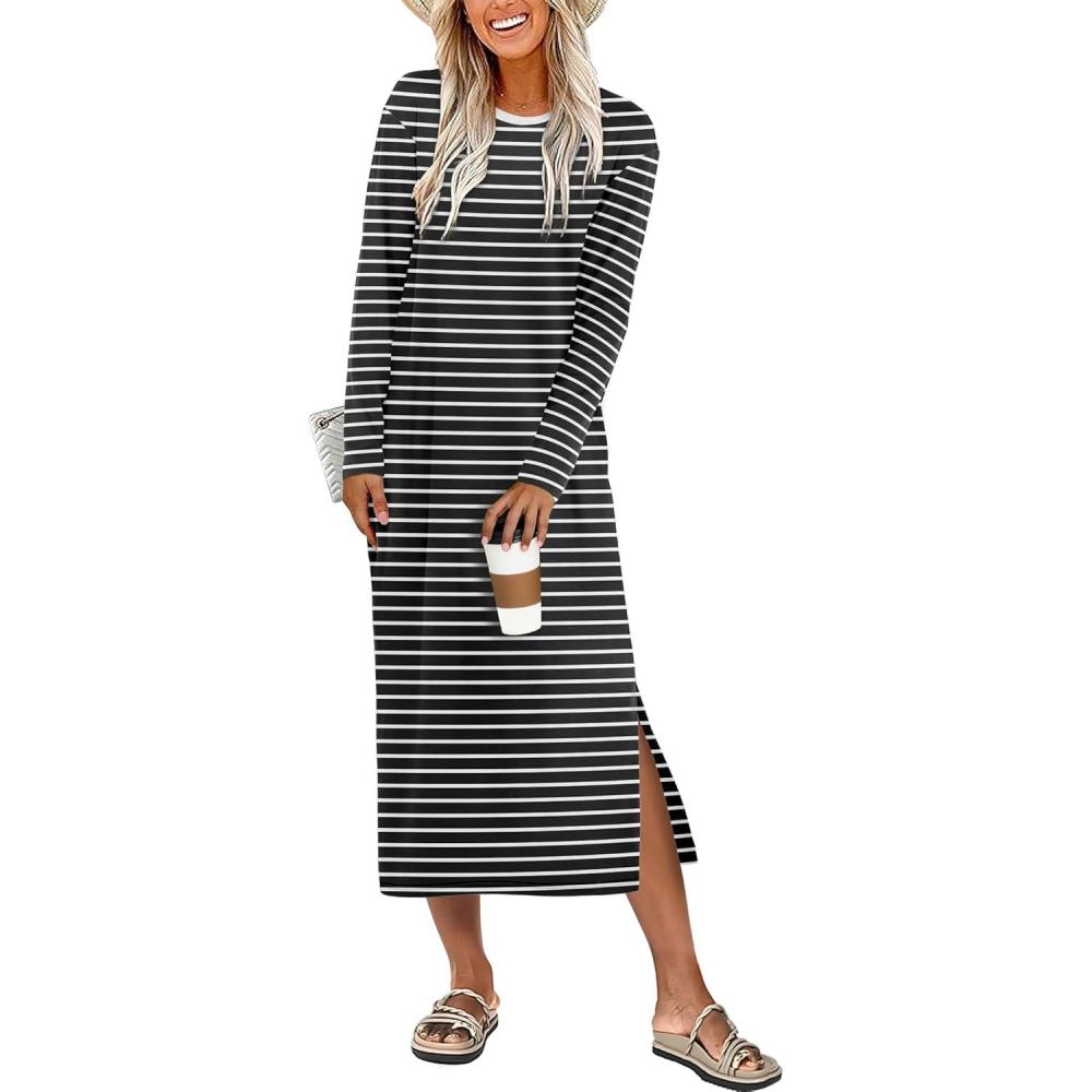 imageANRABESS Long Sleeve Midi Dresses for Women Fall Fashion Casual Vacation Crewneck Loose Split Striped Long Tshirts DressBlack White Stripe