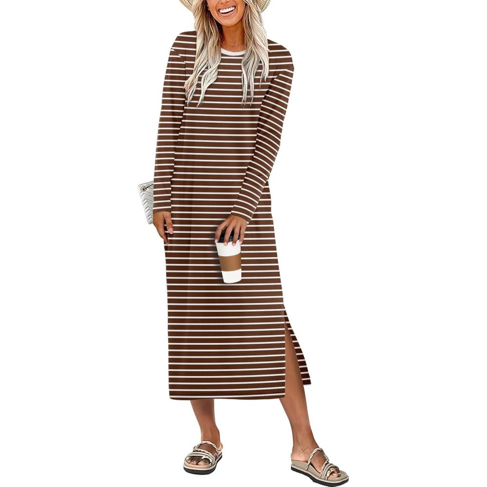 imageANRABESS Long Sleeve Midi Dresses for Women Fall Fashion Casual Vacation Crewneck Loose Split Striped Long Tshirts DressBrown White Stripe