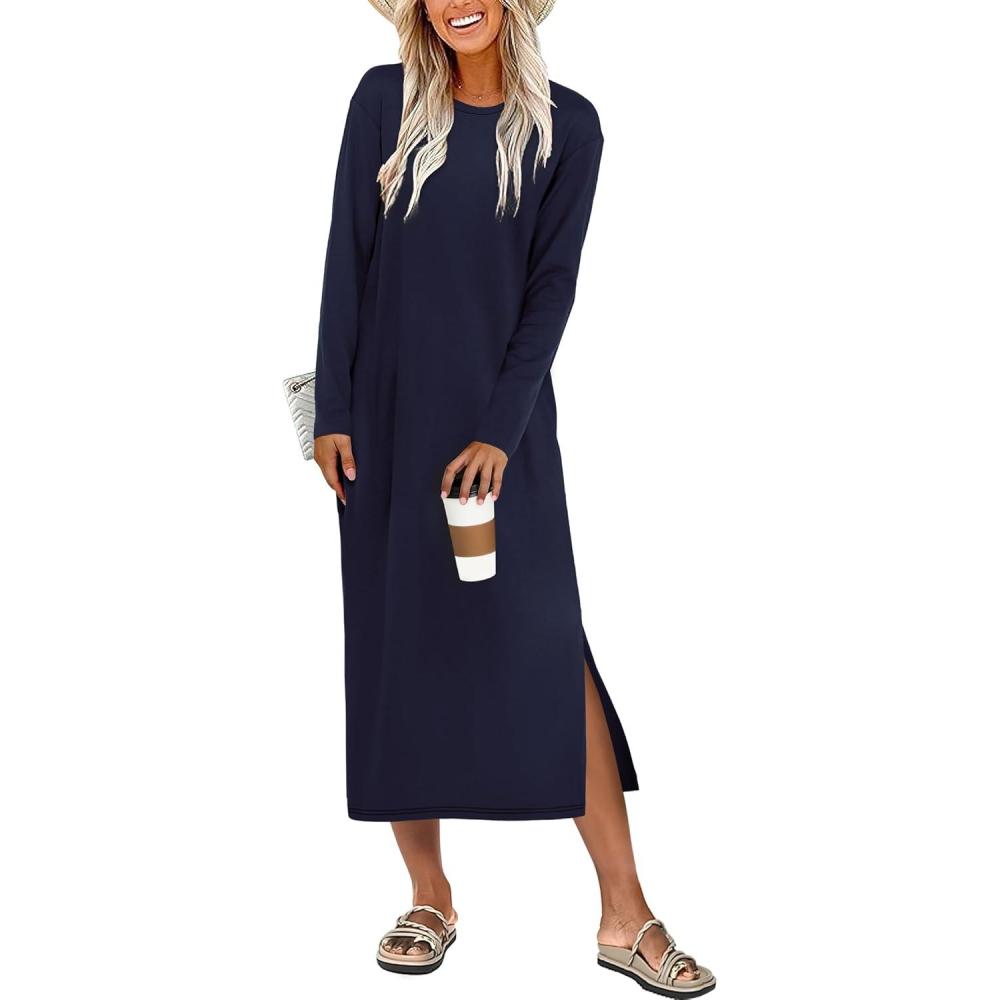 imageANRABESS Long Sleeve Midi Dresses for Women Fall Fashion Casual Vacation Crewneck Loose Split Striped Long Tshirts DressNavy Blue