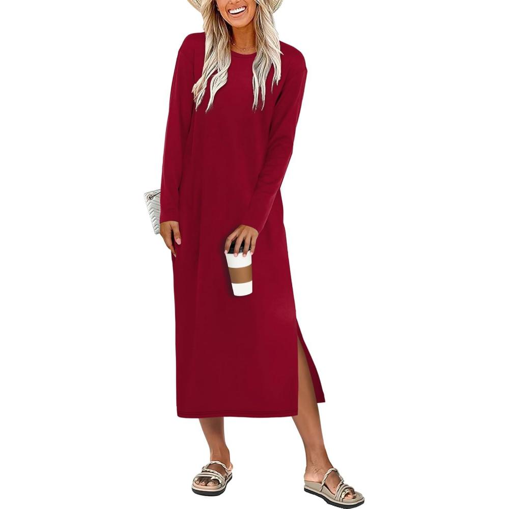 imageANRABESS Long Sleeve Midi Dresses for Women Fall Fashion Casual Vacation Crewneck Loose Split Striped Long Tshirts DressRed