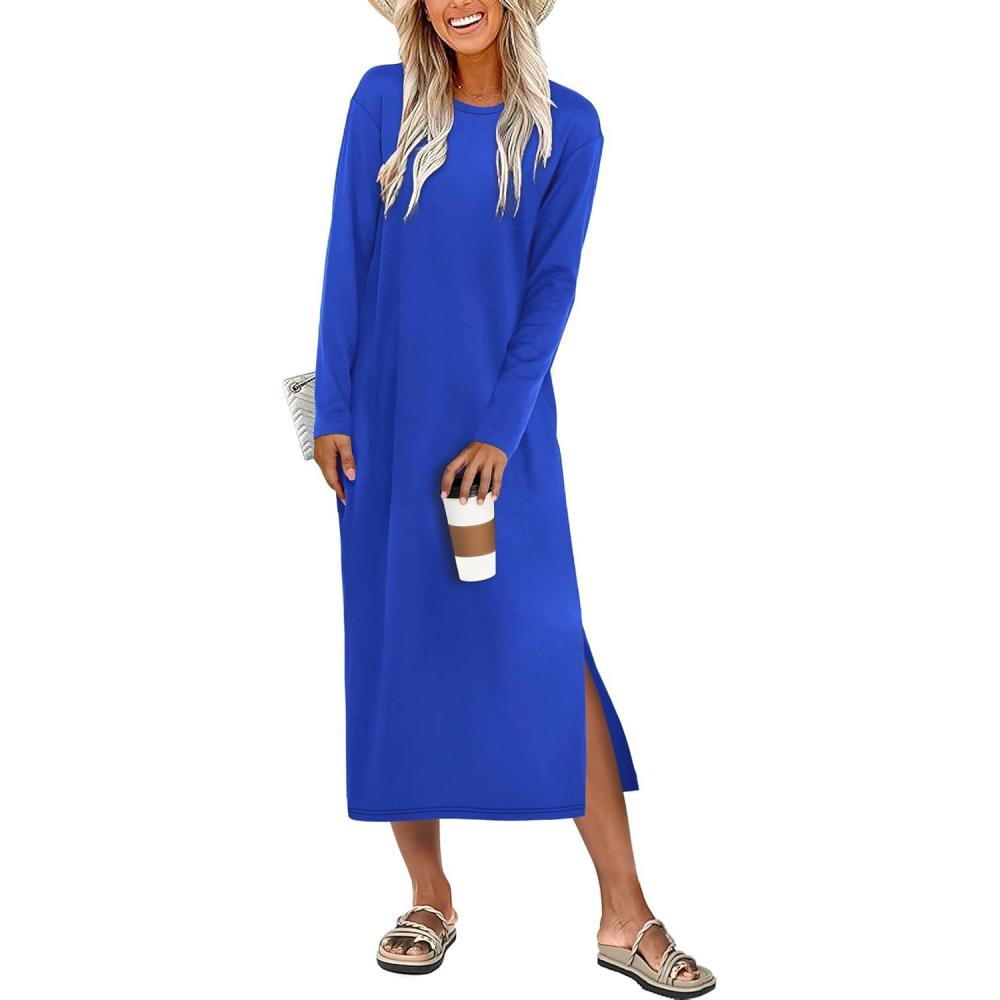 imageANRABESS Long Sleeve Midi Dresses for Women Fall Fashion Casual Vacation Crewneck Loose Split Striped Long Tshirts DressRoyal Blue