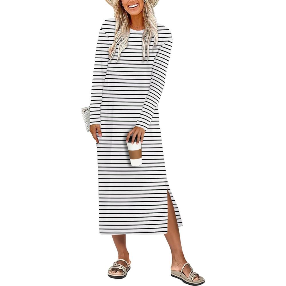 imageANRABESS Long Sleeve Midi Dresses for Women Fall Fashion Casual Vacation Crewneck Loose Split Striped Long Tshirts DressWhite Black Stripe