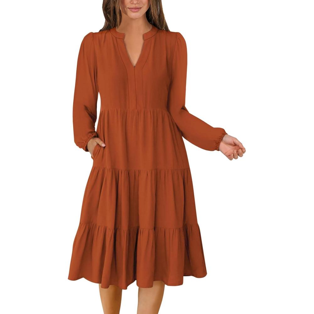imageANRABESS Long Sleeve Midi Dresses for Women V Neck 2025 Fall Fashion Casual Loose Fit Flowy Swing Tiered Vacation Boho DressBrick Orange