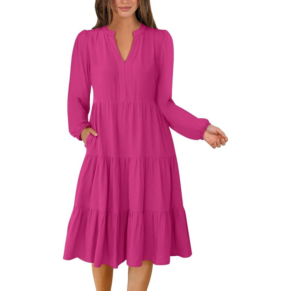 imageANRABESS Long Sleeve Midi Dresses for Women V Neck 2025 Fall Fashion Casual Loose Fit Flowy Swing Tiered Vacation Boho DressHot Pink
