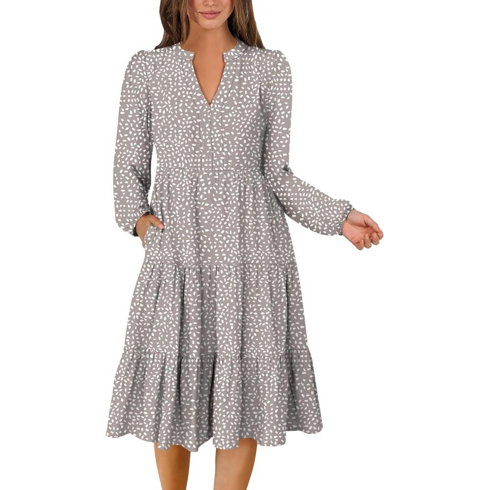 imageANRABESS Long Sleeve Midi Dresses for Women V Neck 2025 Fall Fashion Casual Loose Fit Flowy Swing Tiered Vacation Boho DressKhaki Polka Dot