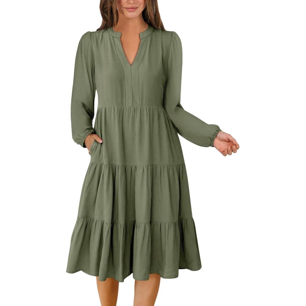 imageANRABESS Long Sleeve Midi Dresses for Women V Neck 2025 Fall Fashion Casual Loose Fit Flowy Swing Tiered Vacation Boho DressOlive