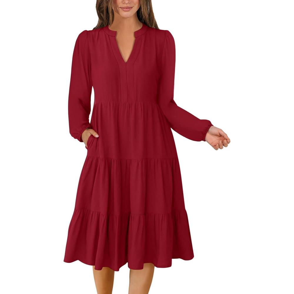 imageANRABESS Long Sleeve Midi Dresses for Women V Neck 2025 Fall Fashion Casual Loose Fit Flowy Swing Tiered Vacation Boho DressRed