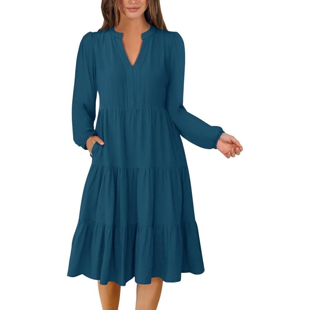 imageANRABESS Long Sleeve Midi Dresses for Women V Neck 2025 Fall Fashion Casual Loose Fit Flowy Swing Tiered Vacation Boho DressTeal Blue